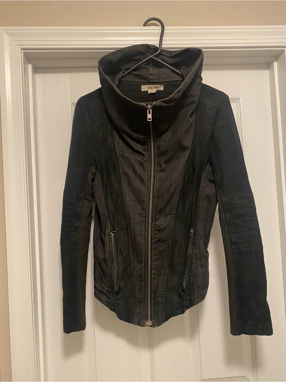Helmut Lang Black Funnel Collar Leather Moto Jacket
